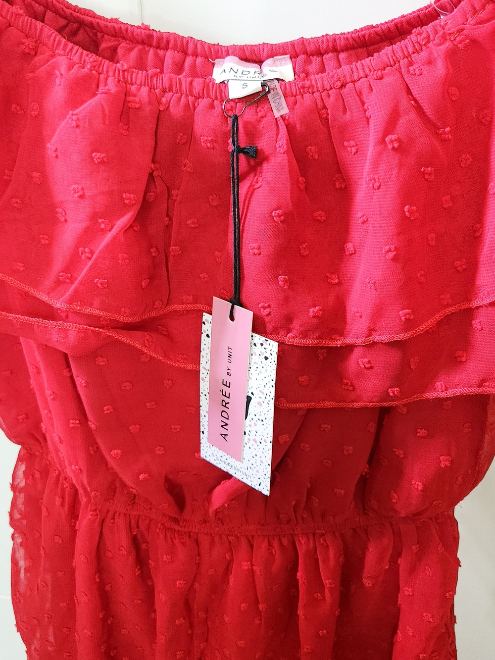 ANDRÉE BY UNIT Women's Red Off-Shoulder Ruffle Romper-S - Picture 3 of 3